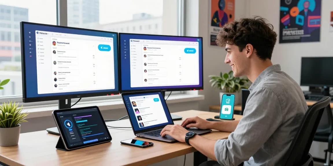 Experience Telegram Download on a modern tech workspace featuring vibrant screens and engaged user.
