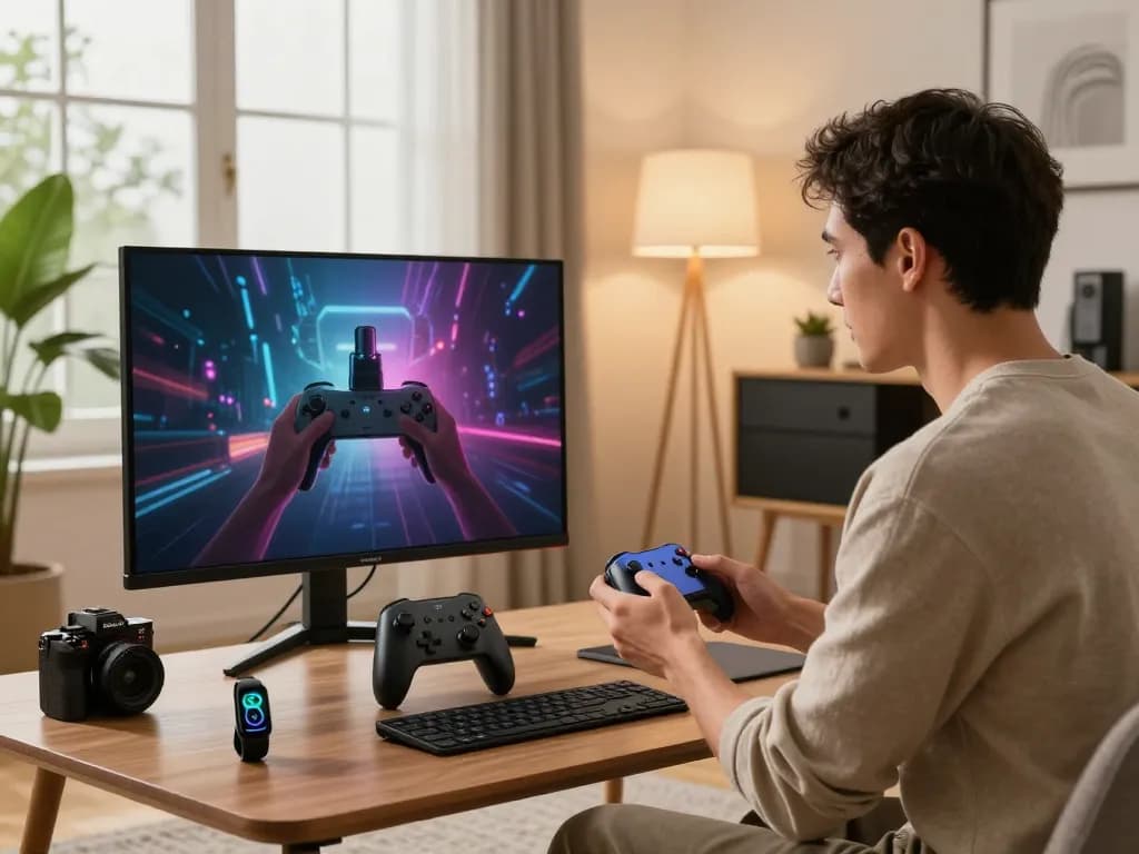 Enthusiastic man exploring the best tech gadgets for men in a modern apartment, using innovative Bluetooth devices.