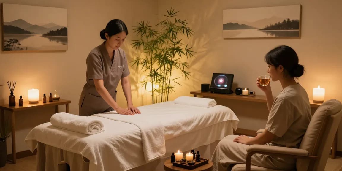 Tranquil therapy room for 용산출장마사지 with essential oils, calming decor, and inviting atmosphere.