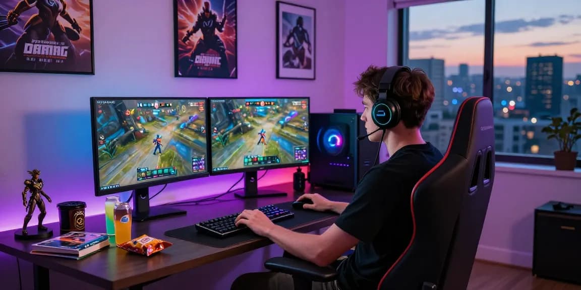Gamer immersed in Overwatch 2 gameplay at PROOFCORE.IO gaming station.