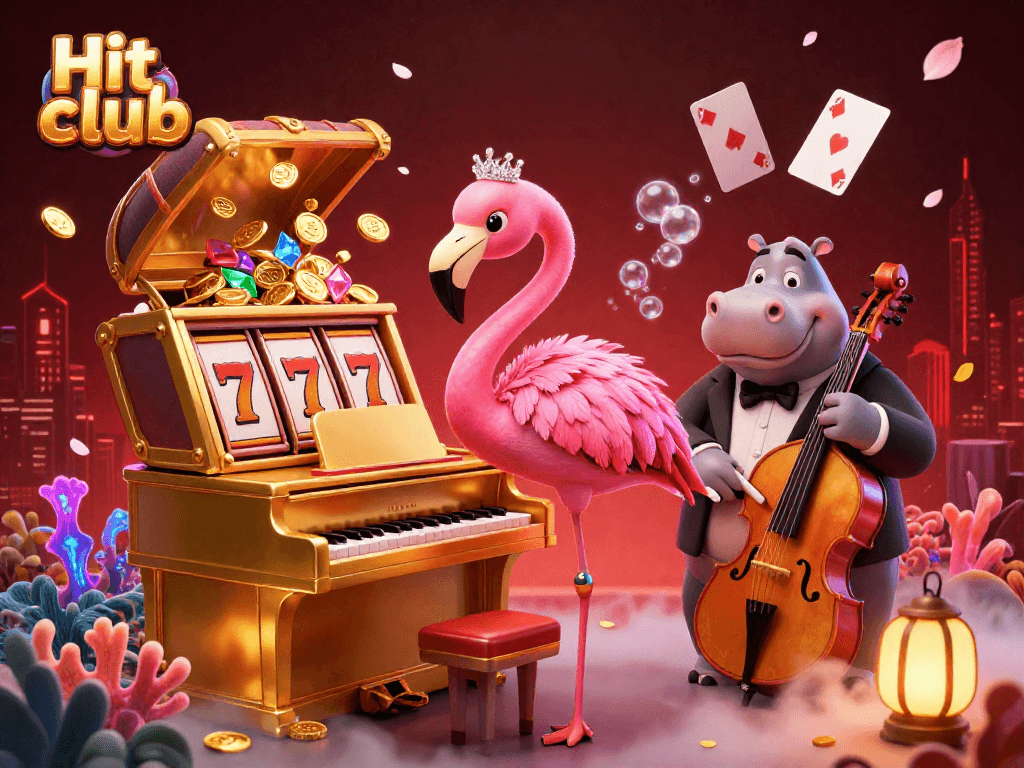 Experience the excitement of Hit club with a lively casino scene featuring colorful characters and dynamic game elements.