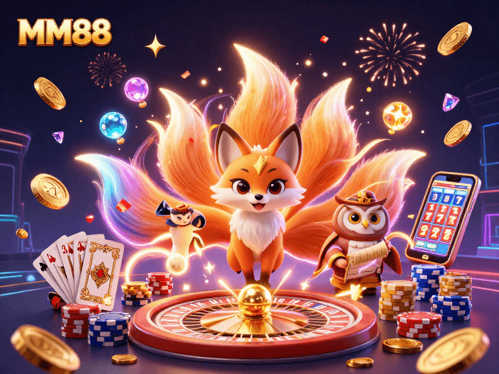 Engage in thrilling bets at MM88 with vibrant characters and dynamic casino elements.