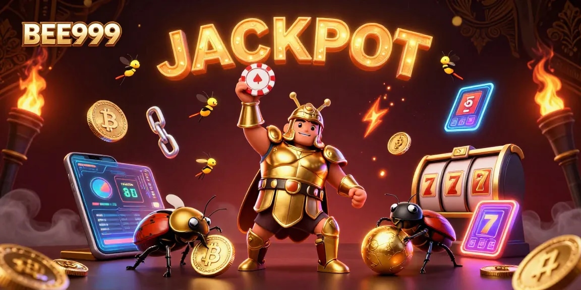 BEE999 offers thrilling gaming with hercules beetle in golden armor and jackpot rewards.