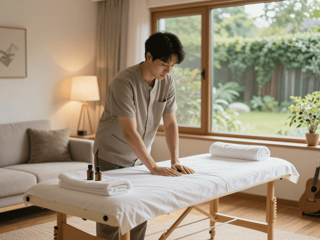 Experience a peaceful 천호동출장마사지 in a calming home environment with natural light.