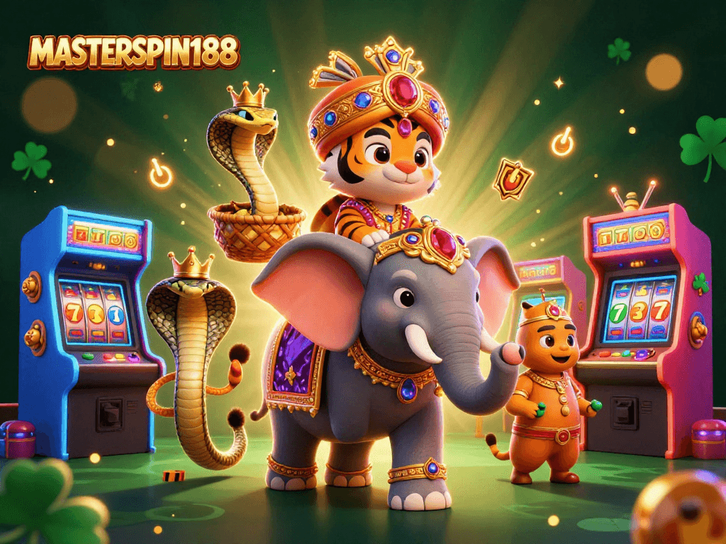 Engage with MASTERSPIN188 in this vibrant casino scene featuring a tiger and elephant amidst exciting games.