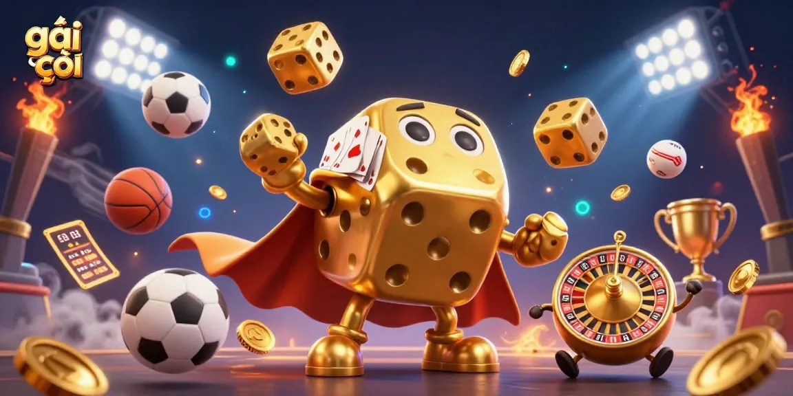 Engage with the excitement of gái gọi as golden dice and sports elements collide in a vibrant casino scene.