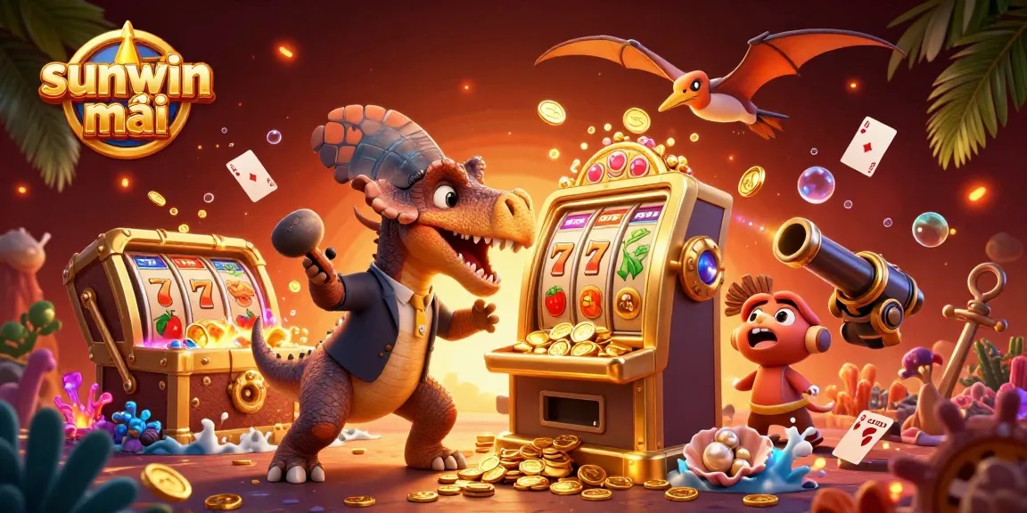 sunwin mới celebrates a jackpot as a dinosaur interacts with a slot machine amidst vibrant casino elements.