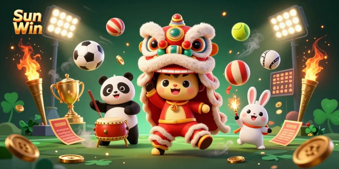 Win big with Sun Win featuring a lively lion dance, sports elements, and golden excitement!