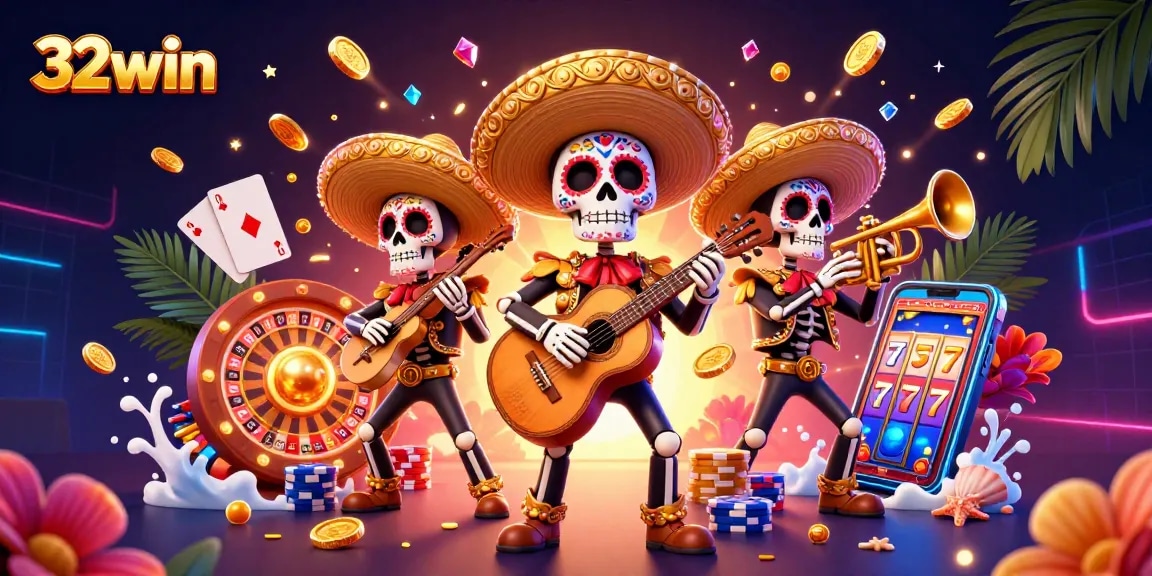 Experience the excitement of 32win with vibrant casino elements in a 3D mariachi scene.