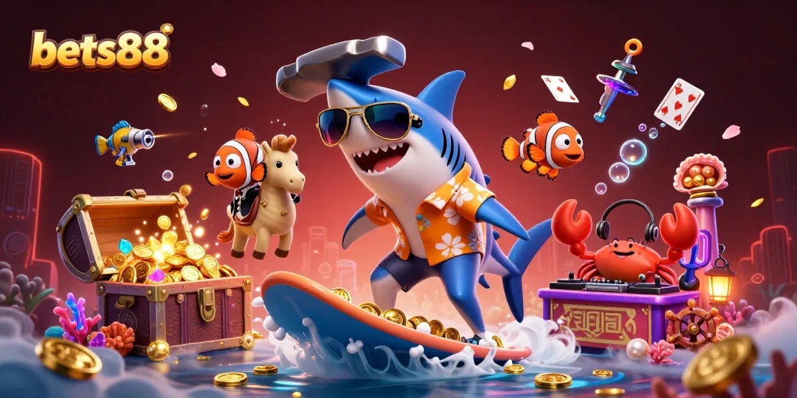 Experience the excitement of bets88 with vibrant 3D characters surfing on gold coins.