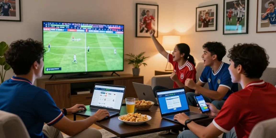 Group enjoying sports betting with Link Resmi Sbobet Dewacash during a live match.