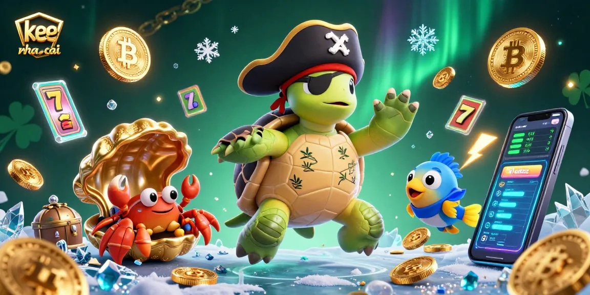 Engage with keo nha cai in this vibrant 3D casino scene featuring a pirate turtle and treasure elements.