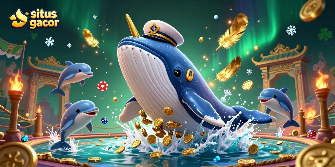 Experience the thrill of situs slot gacor with 3D whale, narwhal, and dolphins in an animated casino scene.