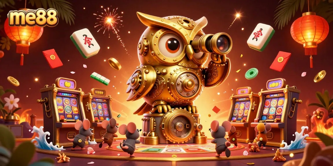 me88 casino scene with golden owl, festive decorations, and animated gameplay elements