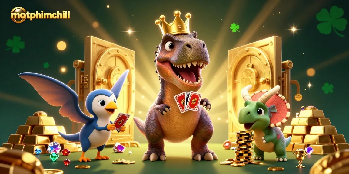 motphimchill shows a T-Rex and triceratops playing casino games with poker cards and chips, enhancing your gambling experience.