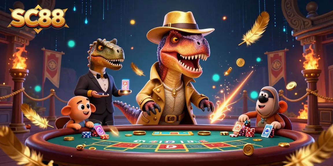 SC88 showcases a velociraptor card counter at a blackjack table amidst vibrant casino elements.