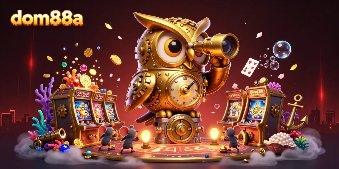 Spin to win at dom88a with a mystical gaming scene featuring a clockwork owl and slot machines