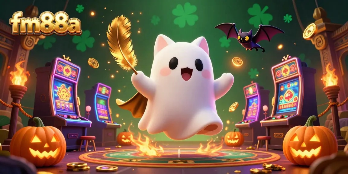 Experience the enchanting casino realm with fm88a as a friendly ghost cat and vampire bat navigate a vibrant scene filled with glowing poker jack-o-lanterns.