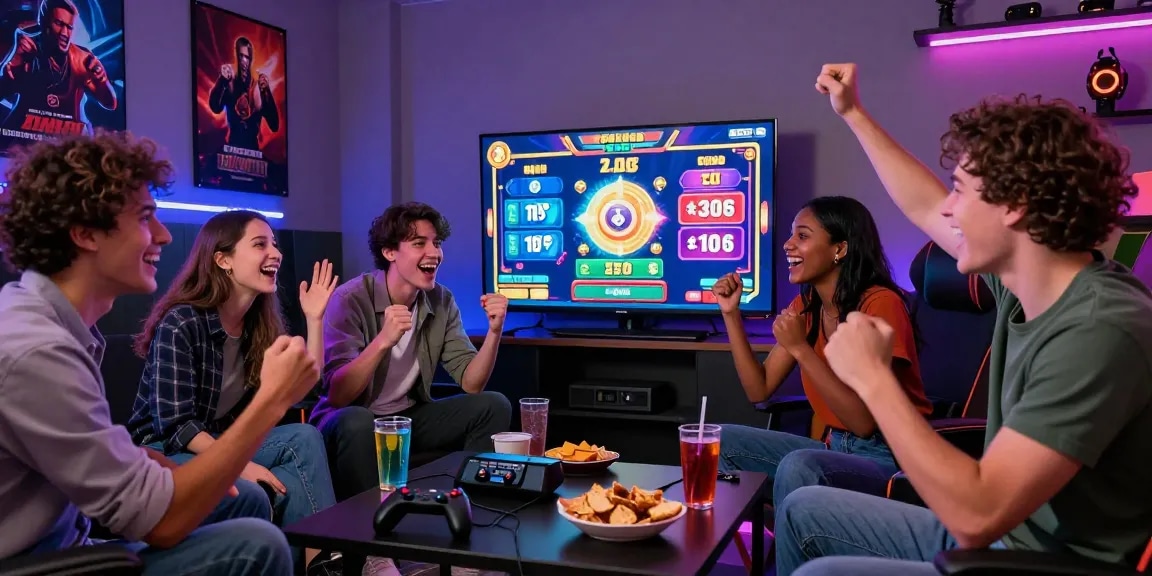 Friends enjoying deposit tanpa minimal while playing online slots in a vibrant gaming room