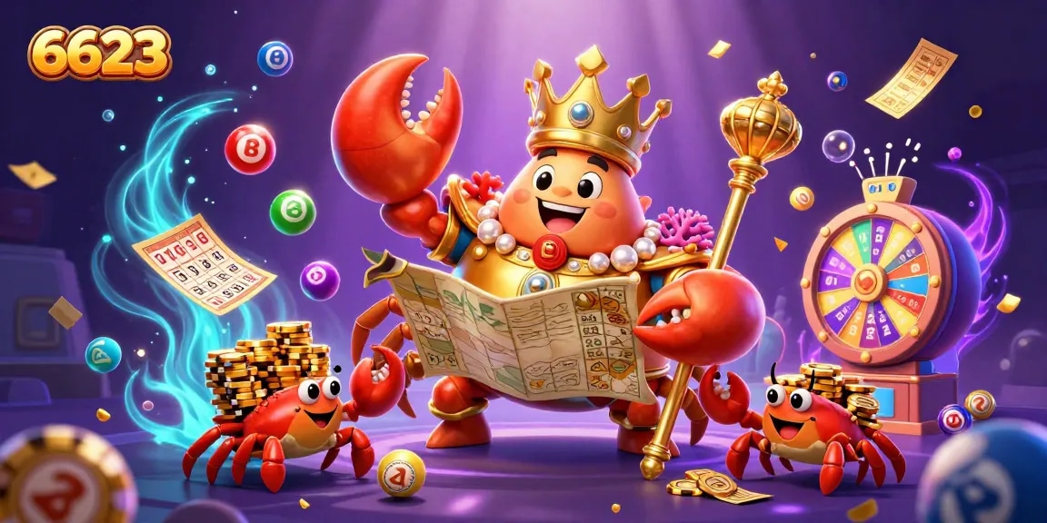 Experience the thrill of 6623 with a vibrant 3D casino scene featuring a golden crab emperor and lottery elements.