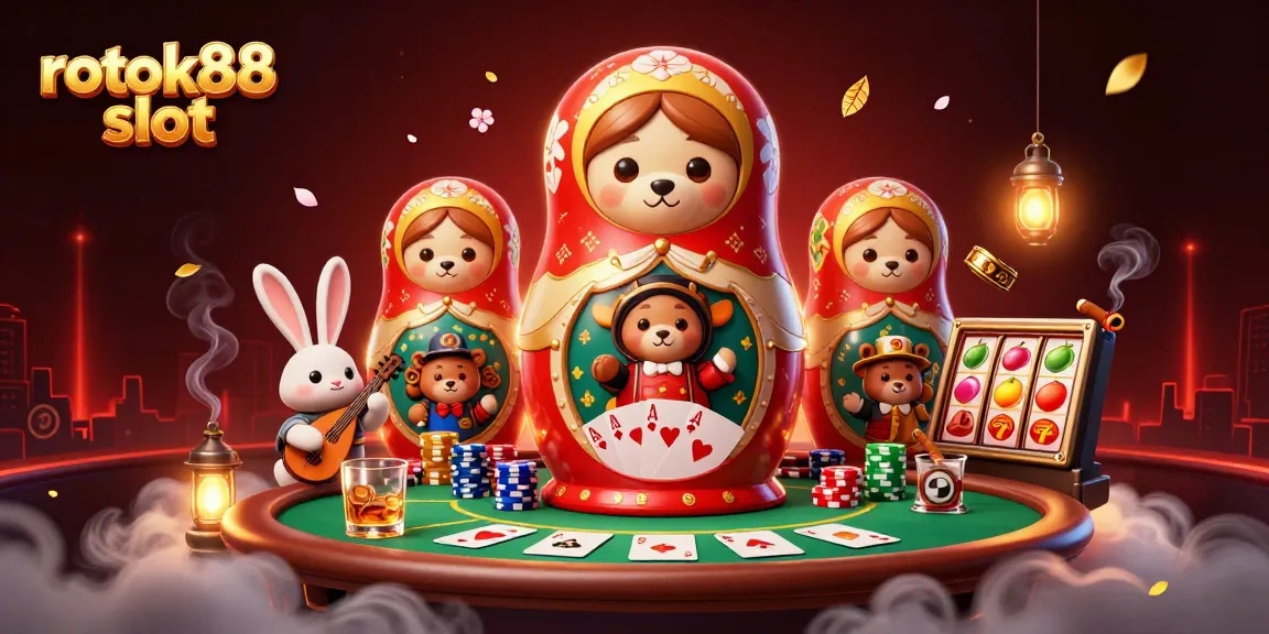 Spin the reels with rokok88 slot in this vibrant 3D illustration featuring gaming excitement.