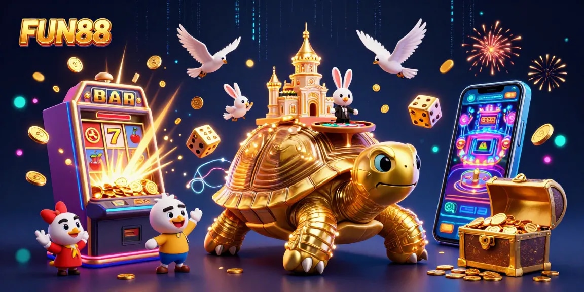 Experience the thrill of FUN88 with golden tortoise casino scene, vibrant game elements, and rabbit dealer.