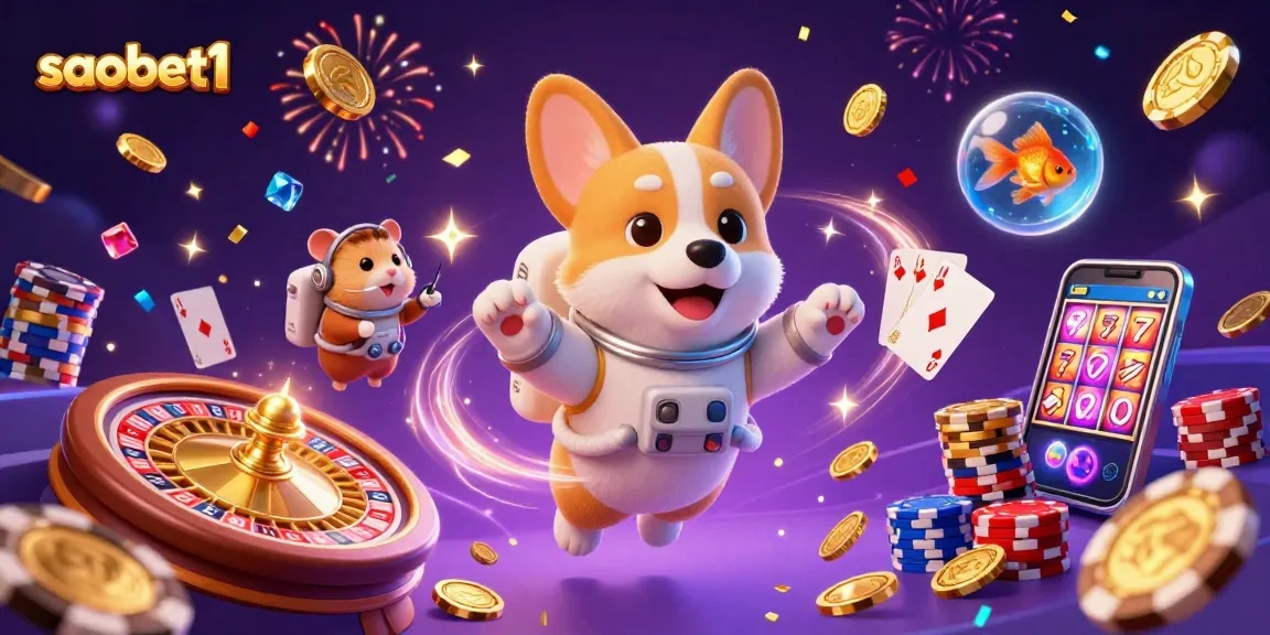 Engage with saobet1 at this vibrant casino scene featuring a floating corgi astronaut and dynamic games.