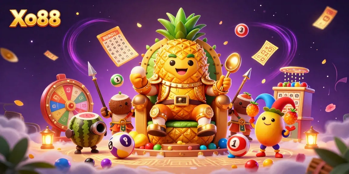 Xo88 brings excitement with a golden pineapple king and lively beach casino scene filled with lottery elements.