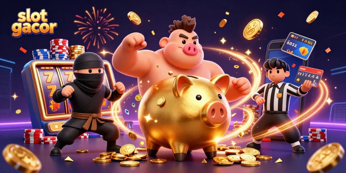 Experience the slot gacor thrill with a golden piggy bank sumo wrestler amid flying coins and dynamic slot reels.