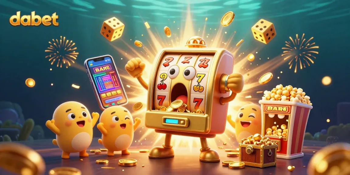 Dabet slot machine hits the jackpot, showering coins while baby slots cheer, creating a vibrant casino scene.