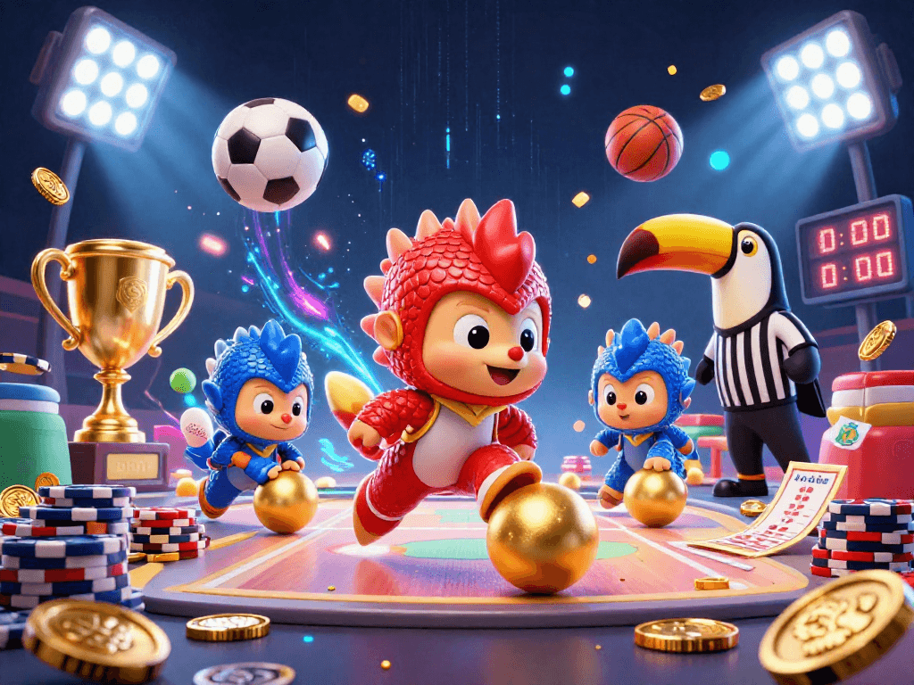 Engaging scene showcasing UGDEWA as rival pangolins playfully bowling through poker chips in a vibrant casino atmosphere.
