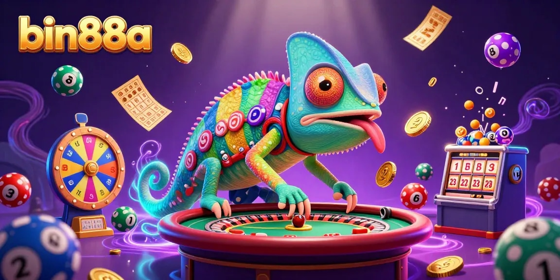 Experience vibrant games at bin88a with a chameleon casino owner collecting golden coins amidst dynamic gambling elements.