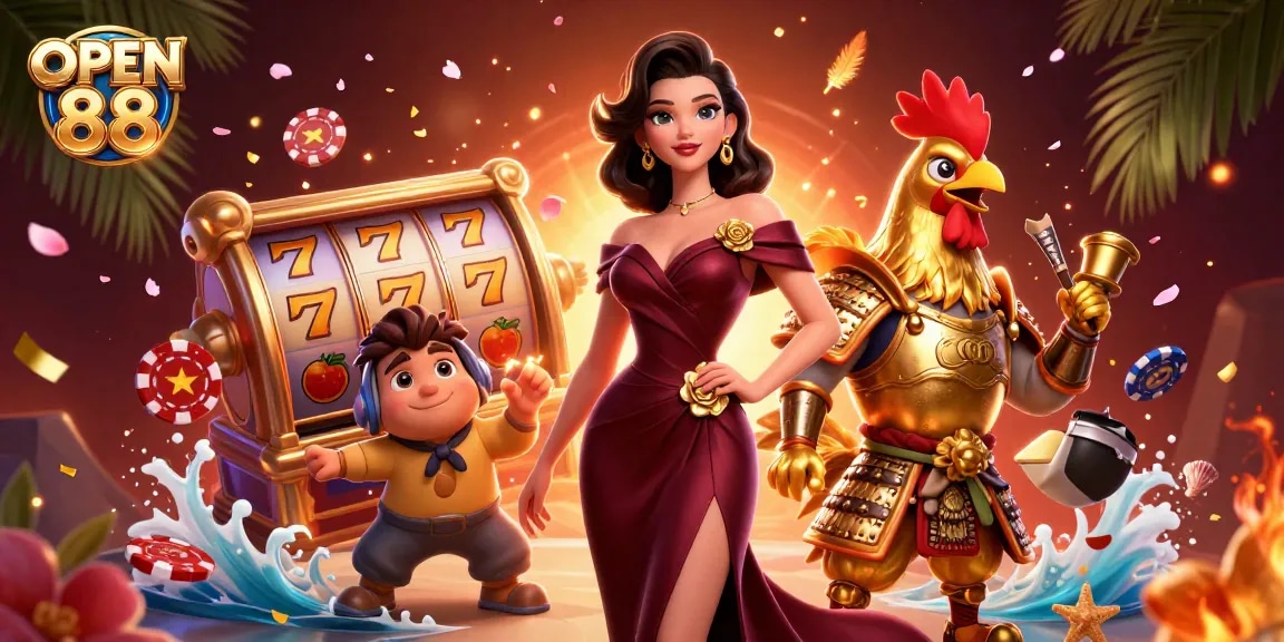 Experience the thrill of OPEN 88 with vibrant 3D characters amidst rich casino elements.
