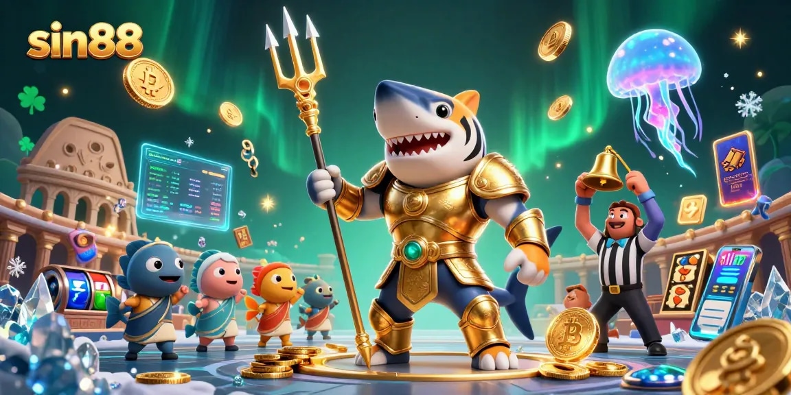 Exciting sin88 casino scene with a triumphant tiger shark and slot elements in an underwater colosseum