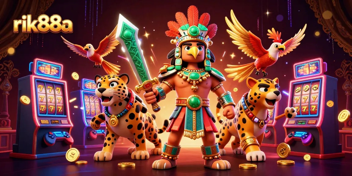 Experience the excitement of rik88a with an Aztec warrior and dynamic slot machines surrounding them.