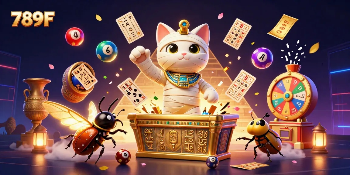 Engage with dynamic 789F casino gameplay featuring a cartoon Egyptian mummy cat and vibrant game elements.
