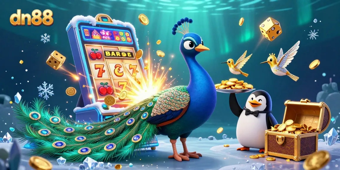 Experience the excitement of dn88's casino games with a vibrant illustration featuring a peacock, penguin, and hummingbird.