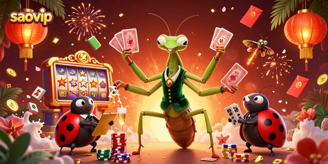 Experience exciting gameplay at saovip with a thrilling illustration of card dealing and festive casino elements.