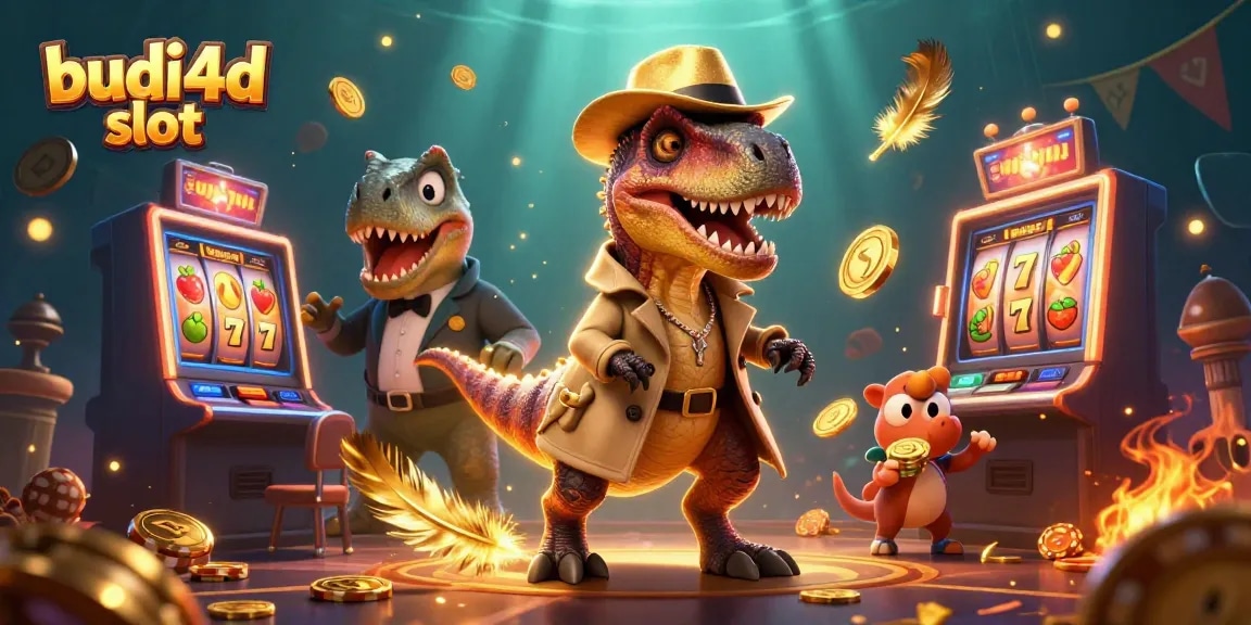 Engage with thrilling budi4d slot action featuring a card-counting velociraptor and his accomplices at a vibrant casino scene.