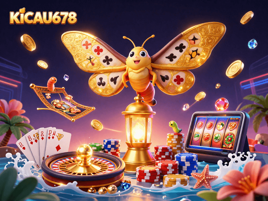 KICAU678 players enjoy vibrant casino scenes with a majestic moth and golden game elements.
