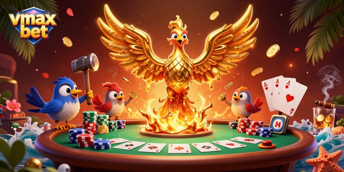 Bet with vmax bet to win in a vibrant casino scene filled with gold and poker elements.