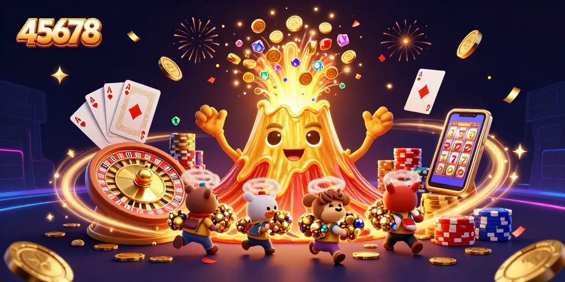 Experience the thrill of 45678 with a golden volcano erupting treasures in this vibrant casino scene.