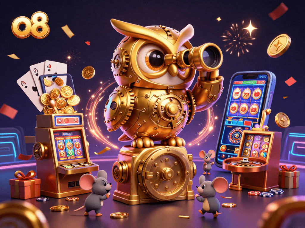 Experience the excitement of slots at o8's vibrant casino, where golden coins and games abound.