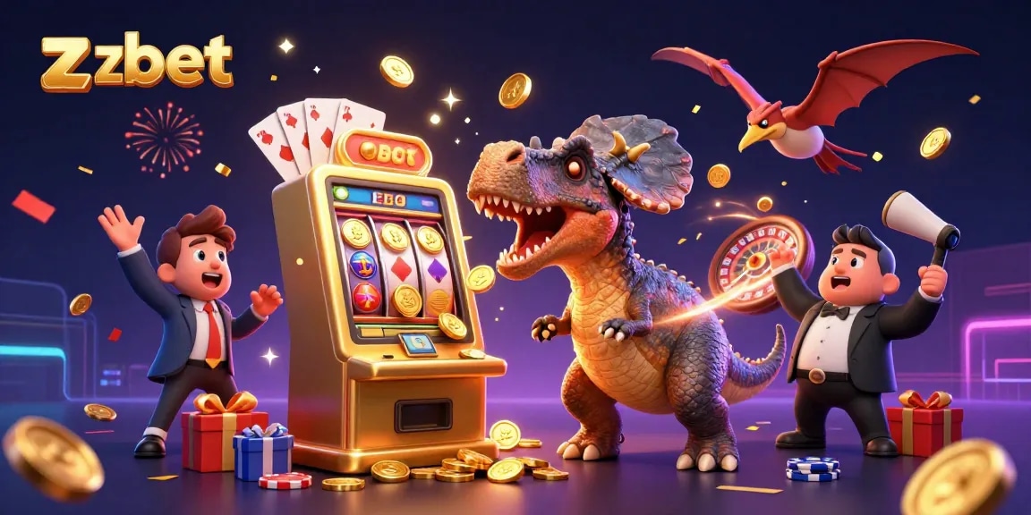Engaging zbet scene with a pachycephalosaurus celebrating jackpot wins in a vibrant casino.