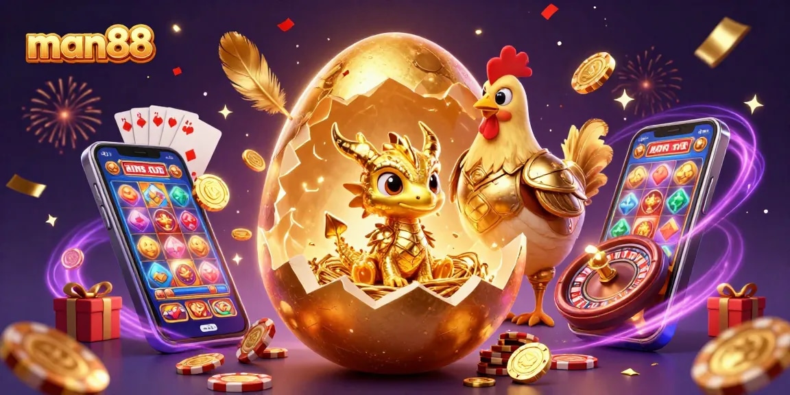 Experience the thrill of wins with man88, showcasing a golden dragon and colorful casino elements.
