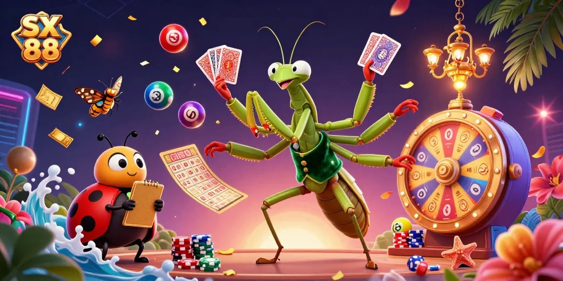 SX 88 celebrates gambling excitement with vibrant balloons, marbled casino game elements, and animated characters.