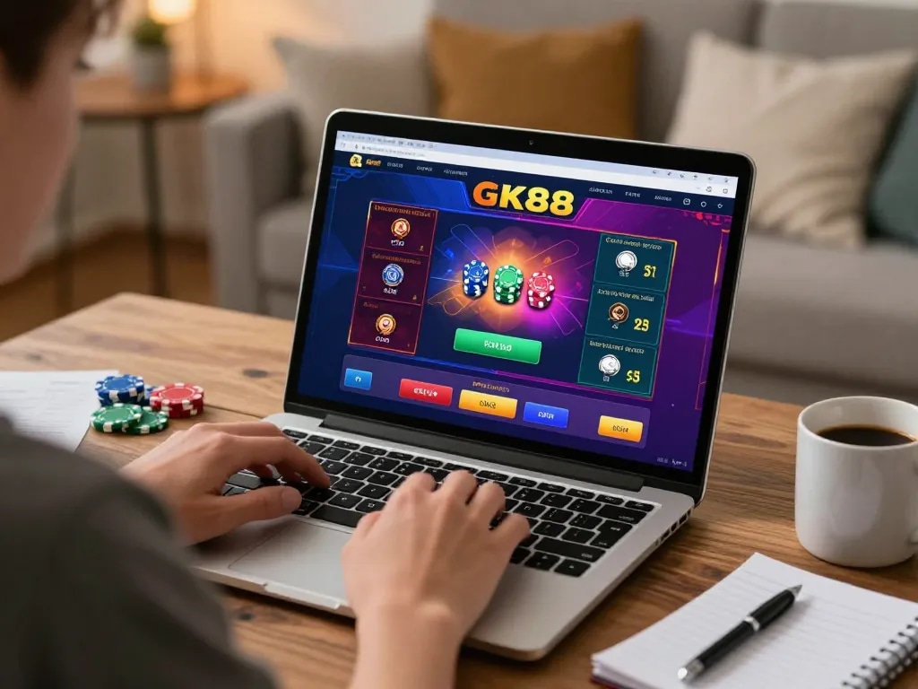 Engaging with GK88 online casino interface while planning betting strategies in a cozy home setting.