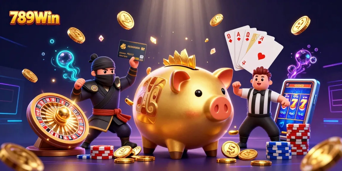 Experience the thrill of casino fun with 789Win's dynamic 3D illustration featuring a golden piggy bank, ninja, and samurai.