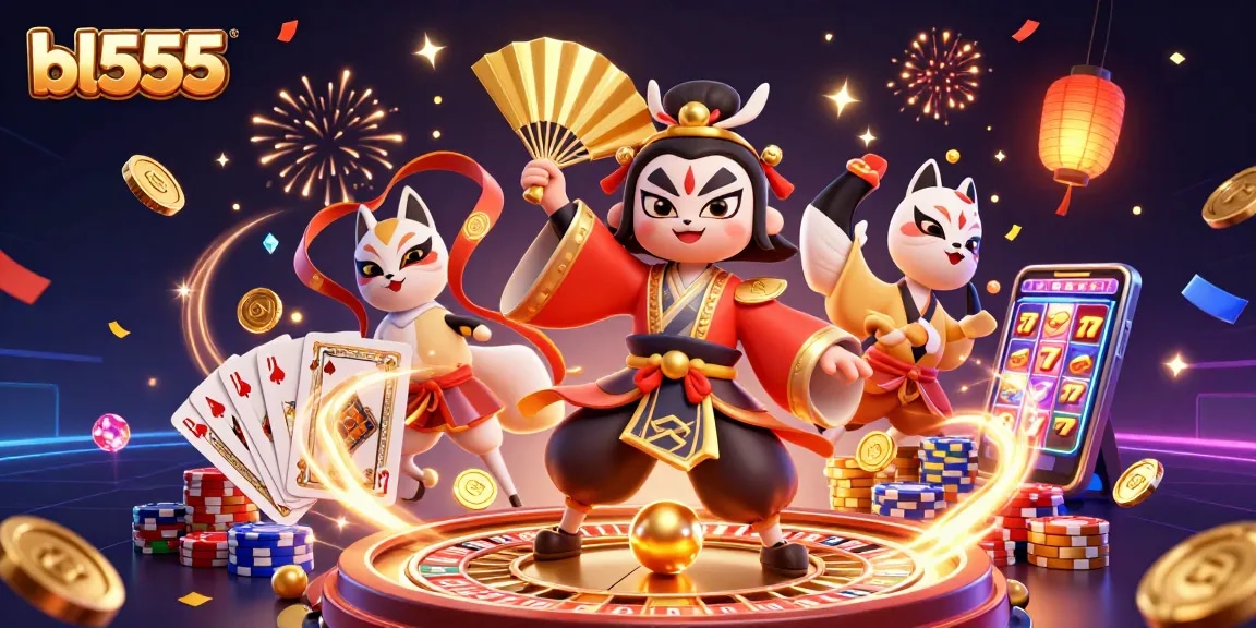 Experience thrilling gaming action with bl555 in a vibrant 3D casino scene featuring a kabuki warrior and riches.