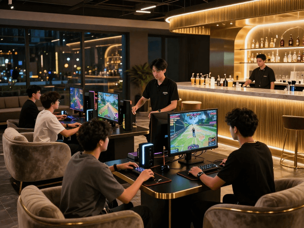Experience the premium gaming atmosphere at rokok 88, showcasing elegance and authority in a stylish lounge.